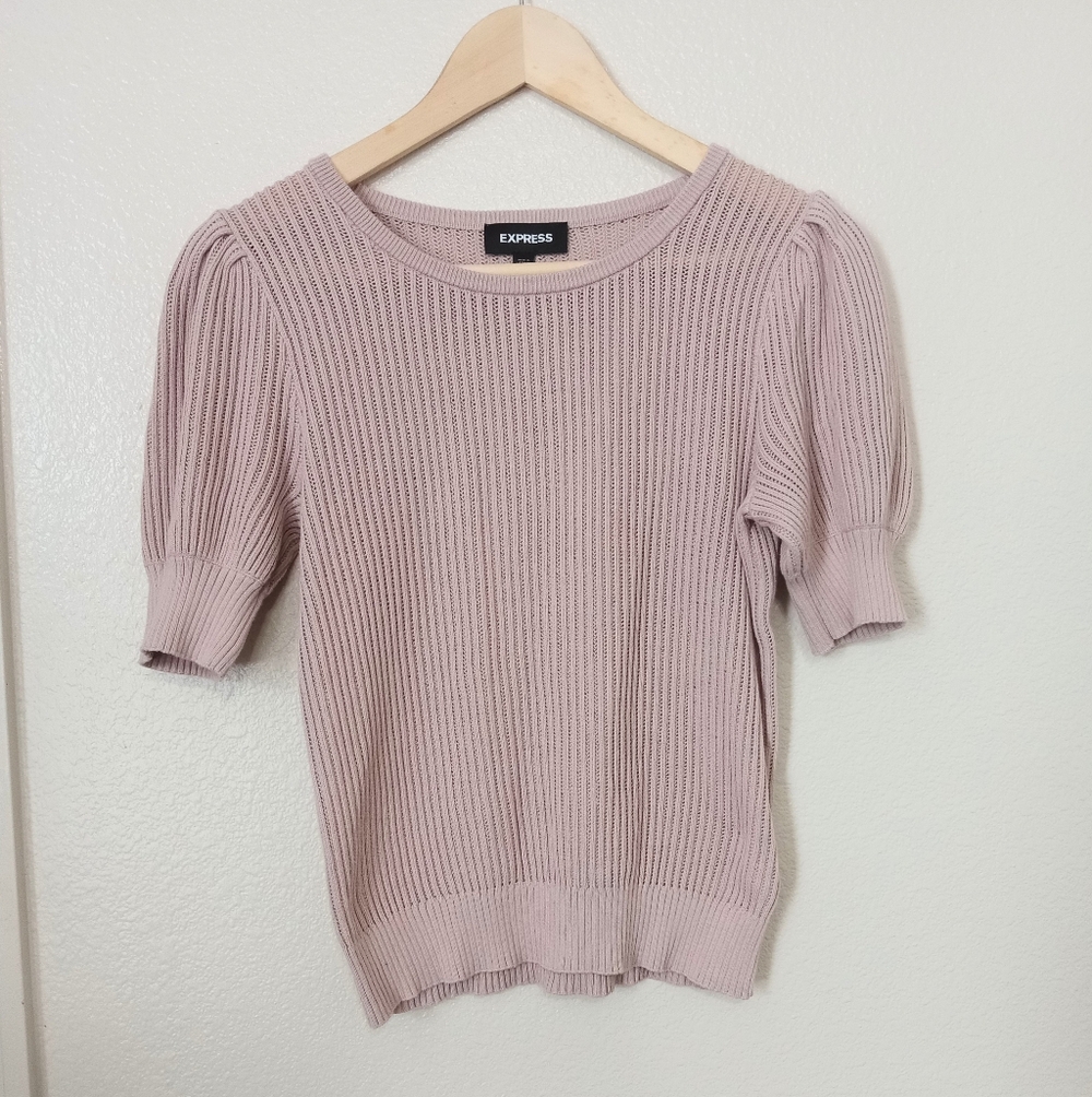 Express Ribbed Knit Puff Sleeve Soft Pale Mauve Top